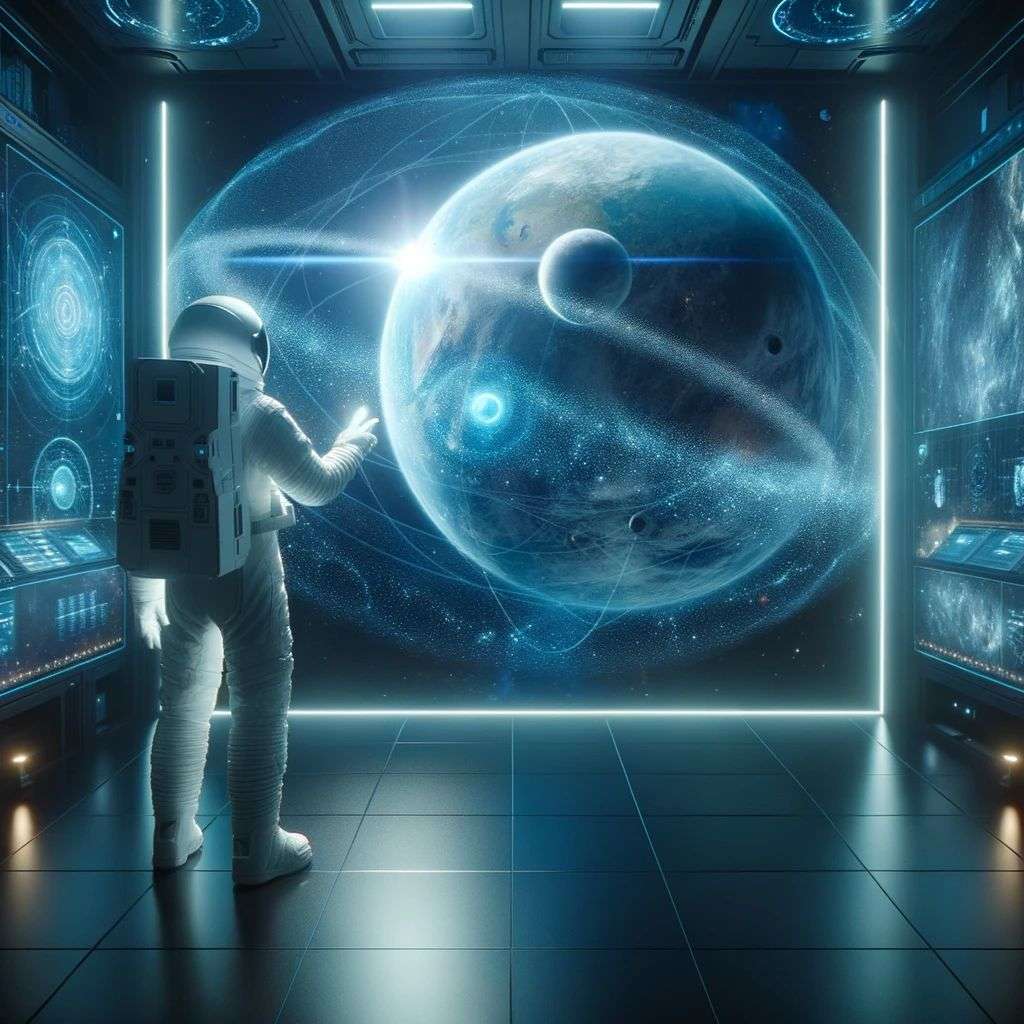 an astronaut, a hologram projection